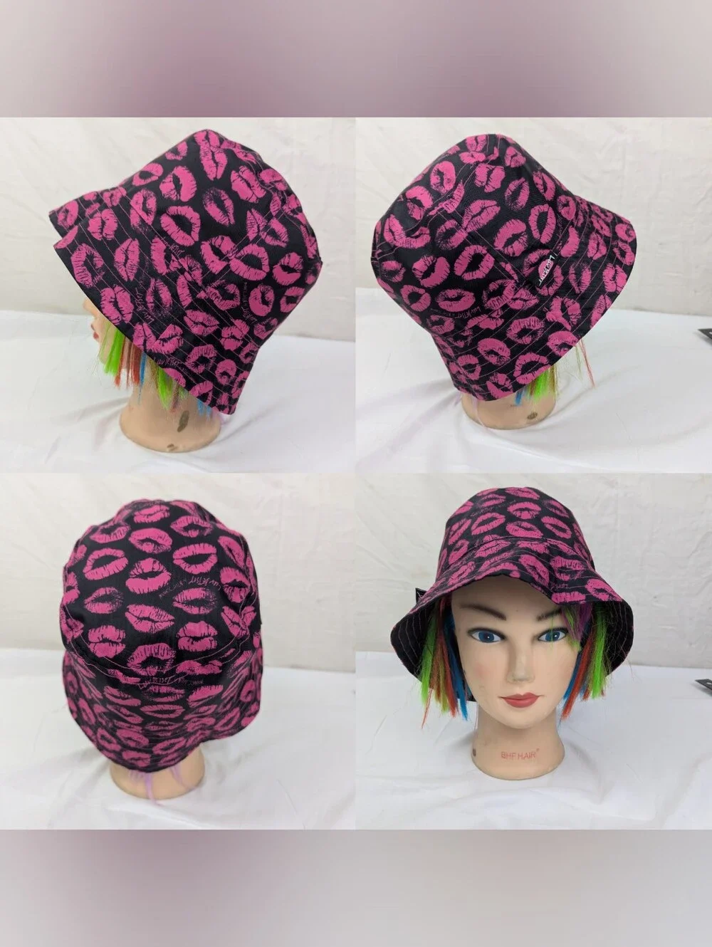 Betsey Johnson Bucket Hat with Hot Pink Lip Prints One Size